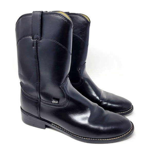 Justin Classic Roper Boots Black Leather Western Cowboy Men's Size 8.5 - Picture 1 of 8